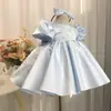 Lindo y elegante vestido de princesa azul de satén, vestido de tutú de satén, vestido para el primer cumpleaños del bebé, vestido para sesión de fotos de cumpleaños de niña