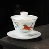 Juego de Té Gaiwan Cerámico Pintado a Mano con Forma de Caqui para Uso Doméstico, Taza de Té Gaiwan Estilo Chino Nuevo de Lujo Ligero