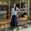 Senso de Design Francês Conjunto Completo de Roupa de Verão Feminina Top de Manga Curta com Decote V Saia Longa Conjunto de Temperamento Fashion