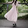 Estilo Francês Elegante Estilo Suave Vestido Rosa com Manga Bufante Feminino Verão Super Fada Doce Emagrecedor Decote V Longo