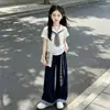 Conjunto de Verão Dopamina para Alunas do Ensino Fundamental II Moda Gola Marinheiro Manga Curta + Calça Casual Fina Versátil Conjunto de Duas Peças