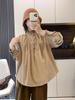 Camisa de Veludo com Gola Alta e Meio Botão com Borda de Fungo para Mulheres Outono e Inverno Nova Doce Manga Longa Solta Casual Camisa Francesa