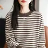 Suéter de malha de algodão puro outono nova cor bloco listrado gola redonda caimento solto estilo coreano versátil blusa de manga comprida para mulheres
