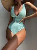 Traje de Banho Listrado de Uma Peça com Decote V 2025 Amazon Aliexpress Sexy Justo Costas Nuas Roupa de Banho Apertada