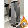 Calça Bordada Estilo Americano Grossa com Forro de Lã, Sabre, para Mulheres, Inverno, Cintura Alta, Solta, Casual, com Caimento, Emagrecimento, Quente, Perna Larga