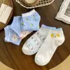 Meias Bordadas Primavera e Verão, Meias de Cachorrinho, Meias Curtas, Meias Curtas Florais Girly Estilo Floresta, Relevo Tridimensional Azul e Branco