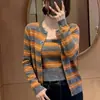 Cardigã de malha listrado laranja em camadas estilo coreano, novo suéter feminino outono/inverno, peça externa, conjunto de duas peças