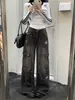 Pantalones vaqueros vintage desgastados para mujer, estilo Harajuku otoño/invierno, pantalones negros de pierna ancha con cintura alta, rotos y diseño de ropa de trabajo, pantalones largos de moda