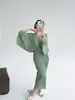 Vestido de Diseño de Moda Miyake con Aspecto Adelgazante Holgado para Mujer, Arte Origami, Curvado, Manga de Murciélago de Tres Puntos, Falda Plisada
