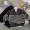 Suéter de Punto Cálido para Niños Otoño e Invierno Punto Falso Dos Piezas Rayas Moda Casual Suéter Superior Punto Estilo Coreano Ins