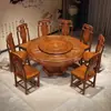 Conjunto de Mesa e Cadeiras de Jantar Totalmente em Madeira Maciça com Giratório, Mesa Redonda Grande Estilo Chinês, Mesa de Jantar Doméstica, Mesa de Jantar Redonda Esculpida Antiga em Carvalho