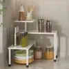 Estante de esquina premium para cocina con diseño de niveles, ideal para almacenar especias, tazones, platos y utensilios de cocina; un especiero de plancha de hierro de tres niveles para almacenamiento organizado