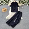 Conjunto de dos piezas para mujer de estilo casual, camisa rosa holgada de manga corta y pantalones de pierna ancha, atuendo de verano ligero, transpirable y moderno con ajuste a la cintura