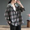 Camisa de Manga Longa Xadrez Retrô Exportação Única para Mulheres, Solta, Cobre o Corpo, Efeito Emagrecedor, Blusa Casual com Capuz