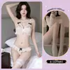 Lencería sexy con espalda descubierta de encaje hueco, seductora y atractiva, transparente y coqueta, conjunto de tres piezas para el dormitorio