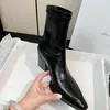 Versão em Couro de Vaca ~ Elegante Retrô Emagrecedor Ol Botas Elásticas Outono e Inverno Novo Estilo Coreano Couro Genuíno Roupa de Trabalho Zíper nas Costas Salto Grosso Curto