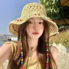Sombrero de Paja con Encaje para Mujer Verano Nuevo Paja Hueco Sombrero de Sol con Correa de Lazo Protección Solar Costera Sombrero de Sol