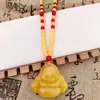 Cadena de Suéter de Alto Nivel Color Sangre con Colgante de Gota de Agua, Collar Largo, Collar de Miel de Cera Imitación, Colgante de Buda Guanyin de Calcedonia Amarilla