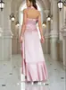2026 Novo Vestido de Noite eBay Moda Feminina Transfronteiriça Cetim Rosa Gola Halter Babado Fenda Longo Vestido de Baile