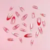 24 Piezas de Uñas Postizas con Estampado Ojo de Gato con Lazo y Puntos, Elementos Franceses, Adecuadas para San Valentín y Año Nuevo