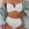2027 Nuevo Bikini de Color Sólido de Alta Gama para Comercio Exterior Transfronterizo Traje de Baño de Playa de Cintura Alta para Mujer Traje de Baño de Amazon Europeo y Americano