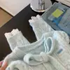 Suéter Patchwork Azul Dulce con Lazo para Atar, Tejido de Punto Holgado Adelgazante, Suéter de Punto de Encaje Suave