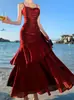 Vacaciones en la Costa Sirena Vintage Ji Volante Rojo Volante Vestido de Tirantes Vestido de Cumpleaños Cóctel