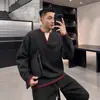 Moda Trendy Otoño e Invierno para Hombre Estilo Perezoso Tejido Holgado Hombres Estilo Japonés Personalidad Versátil Bloque de Color Adorno Cuello en V Tejido
