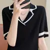 Top de Punto de Moda Versátil para Mujer, Manga Corta, Cuello Polo, Lana Fina de Calibre 14, Delgado de Verano, Color Bloqueado, Hilo Yangzi
