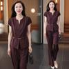 Conjunto Feminino Moderno e Estiloso 2025 Verão Novo Estilo Elegante Emagrecimento Decote V Manga Curta Blusa Calça Perna Larga Conjunto de Duas Peças Tendência