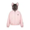 Linda Chaqueta de Algodón Cálida con Orejas de Gato para Mujer Otoño e Invierno 2025 Nueva Chaqueta con Capucha y Cremallera Forrada de Polar Estampado de Leopardo Chaqueta de Algodón