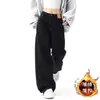 Pantalones de Cuerpo en Forma de Pera para Mujer, Pantalones Rectos Adelgazantes de Forro Polar para Otoño e Invierno, Jeans Anchos Negros de Talla Grande para Mujer