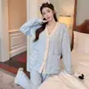 Pijama para mujer estilo coreano, dulce conjunto de pijama largo de manga larga y pantalón largo, cálido conjunto de ropa de casa de algodón, pijama de dos piezas de otoño e invierno con lazo