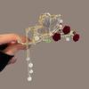 Pinza para el cabello con borla de mariposa y rosa roja de estilo antiguo para la parte posterior de la cabeza de mujer, pinza grande con clip de tiburón de alta gama.