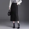 Saia de lã midi lápis de corte justo e elegante com fenda para mulheres, com brilho de seda, nova coleção outono/inverno 2026, cintura alta