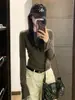 Camiseta de Manga Larga con Hombros Caídos Color Verde Militar Estilo Coreano para Mujer, Capa Base de Principios de Otoño, Gama Alta, Nicho, Única, Top Interior Ajustado