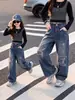 Jeans de Primavera y Otoño para Niñas 2026 Nueva Moda de Otoño para Niños Mayores, Elegantes Pantalones de Pierna Ancha Rectos Rasgados, Pantalones Modernos para Niños