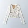 Camiseta de Manga Larga con Escote en V y Corte Cruzado Estilo Deseo Puro, Top Corto de Encaje de Terciopelo de Doble Capa Femenino, Camiseta Básica Elegante