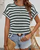 Amazon Aliexpress Nueva Camiseta de Manga Corta a Rayas Transfronteriza Europea y Americana para Mujer Cuello Redondo Holgada Casual de Verano Top Versátil