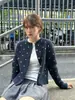 Cárdigan de punto azul marino con estampado integral de lunares retro, un top versátil y adelgazante para mujer
