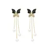 Pendientes de Borla de Mariposa Negra Super Hada Retro para Mujer Pendientes Largos de Perla Versátiles de Alta Gama Dos Pendientes