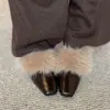 Primer Encuentro Temporada Invierno Más Terciopelo Cálido Tacón Medio Zapatos Pequeños de Cuero para Mujer Punta Cuadrada Tacón Grueso Zapatos de Una Pieza Slip-On Zapatos Peludos