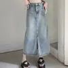 Saia Jeans Retro com Fenda para Mulheres Outono 2025 Nova Comprimento Médio Cintura Alta Efeito Emagrecedor Cintura Elástica Traseira Saia Evasê