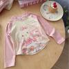 Camiseta Base Infantil para Meninas 2026 Outono Inicial Nova Estampa Doce de Desenho Animado, Manga Raglan, Camiseta Fina para Primavera e Outono Top Ins