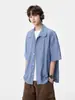 Camisa Masculina de Manga Curta com Recortes e Gola Cubana Estilo Americano, Nova Tendência de Verão Retrô Solta Casual Jaqueta de Meia-Manga