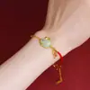 Nuevo Pulsera de Conejo de la Suerte Estilo Chino Retro para Mujer, Cadena de Aleación de Cobre con Hilo Rojo y Piedras Sintéticas, Lindo Pulsera de Conejo