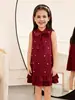 Vestido de Verão para Meninas Cor Vinho Laço Pérola Bainha de Renda Dupla Camada Vestido Roupas Infantis Transfronteiriças