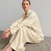 Transfronteiriço 2024 Europeu e Americano Lixado Solto Simples Pijama Seda de Gelo Cardigã Manga Longa Calças Podem Vestir Roupas de Casa Femininas