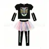 Conjunto de Saia Curta de Tela com Estampa de Esqueleto para Halloween Meninas Roupa de Performance para Festival Infantil com Meia-Calça e Manoplas Conjunto de Quatro Peças
