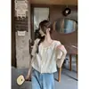 Foto Real de Blusa Redonda con Bordado y Ribete de Encaje para Mujer, Estilo Coreano, Corte Holgado, Adelgazante, Top con Mangas Abullonadas y Lazos 13073